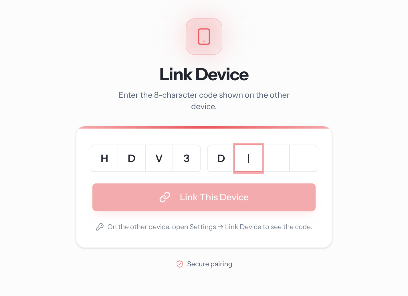 The Link Device page where the recipient device enters the eight character code