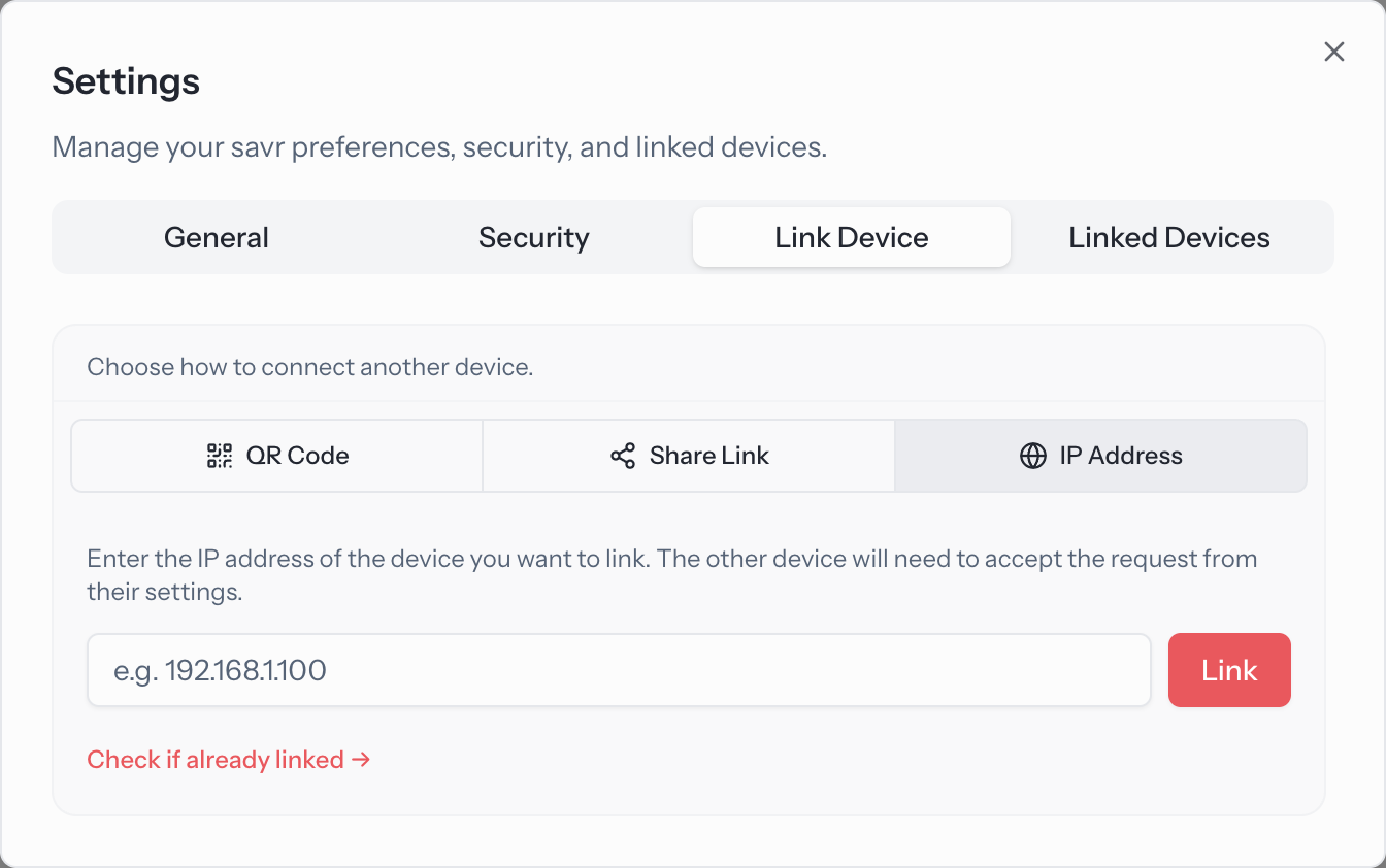 The IP Address method with a field to enter the IP of the device to link