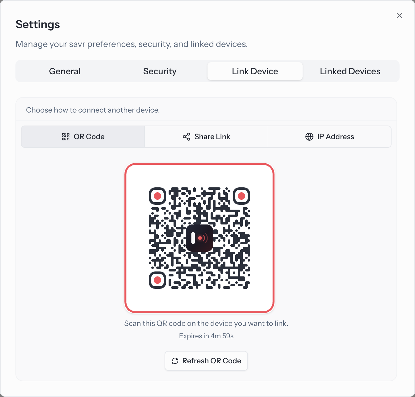 The Link Device tab in settings showing a QR code with an expiry countdown