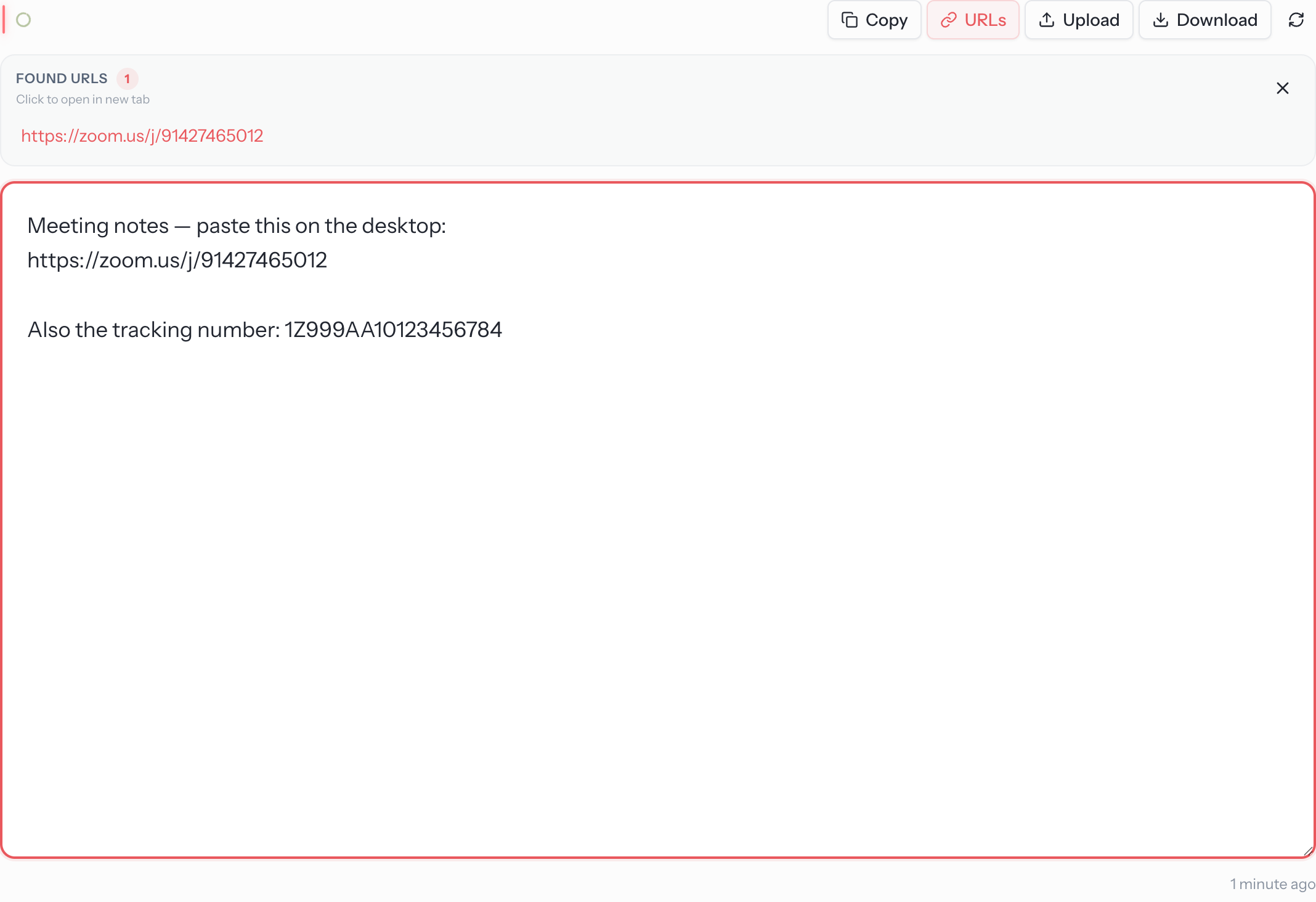 The Simple.Savr homepage with text typed into the savr, showing the Copy, URLs, Upload and Download buttons