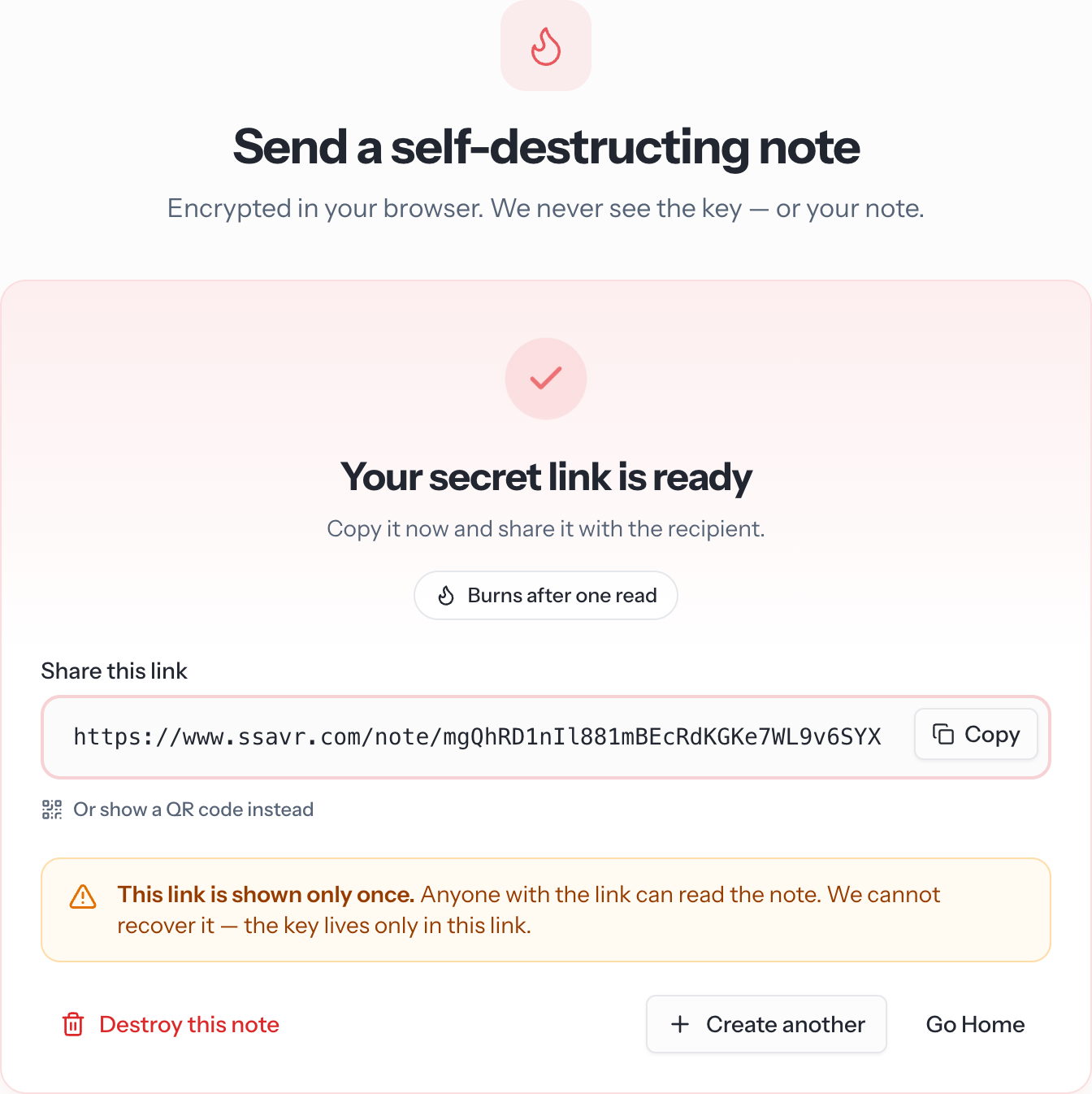 The created screen showing the secret link with a copy button and a warning that it is shown only once